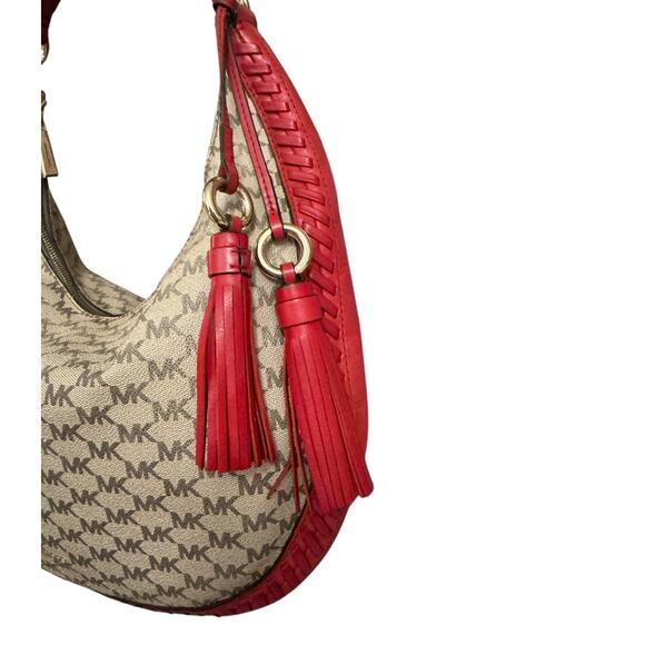 Michael Kors Lauryn Signature Natural Canvas Red Leather Large Shoulder Bag Hobo - Picture 2 of 10